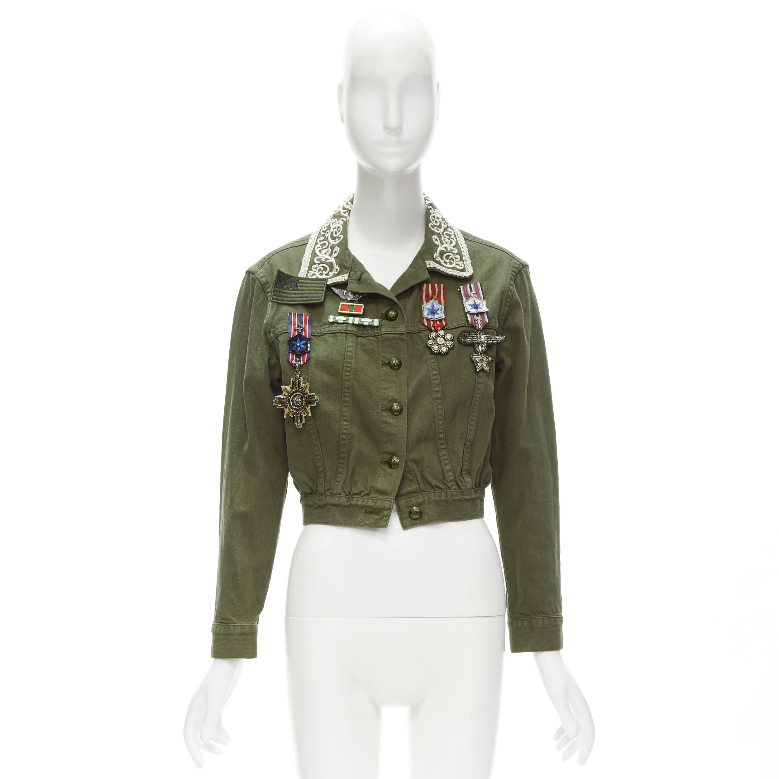 ALICE OLIVIA green denim military crystal embroidery badge cropped jacket S 3
