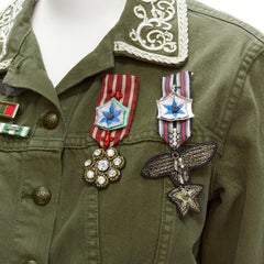 ALICE OLIVIA green denim military crystal embroidery badge cropped jacket S