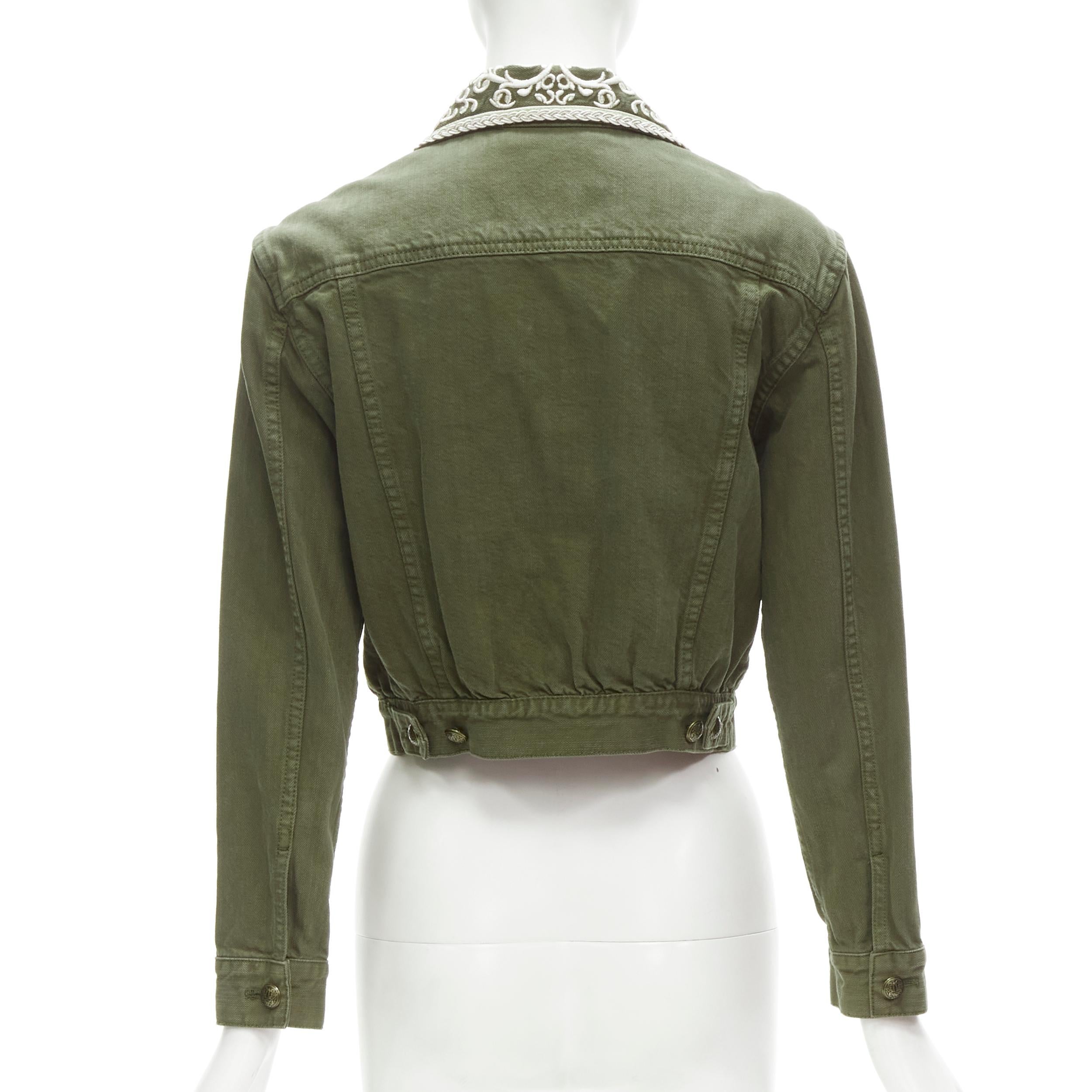ALICE OLIVIA green denim military crystal embroidery badge cropped jacket S In Excellent Condition In Hong Kong, NT