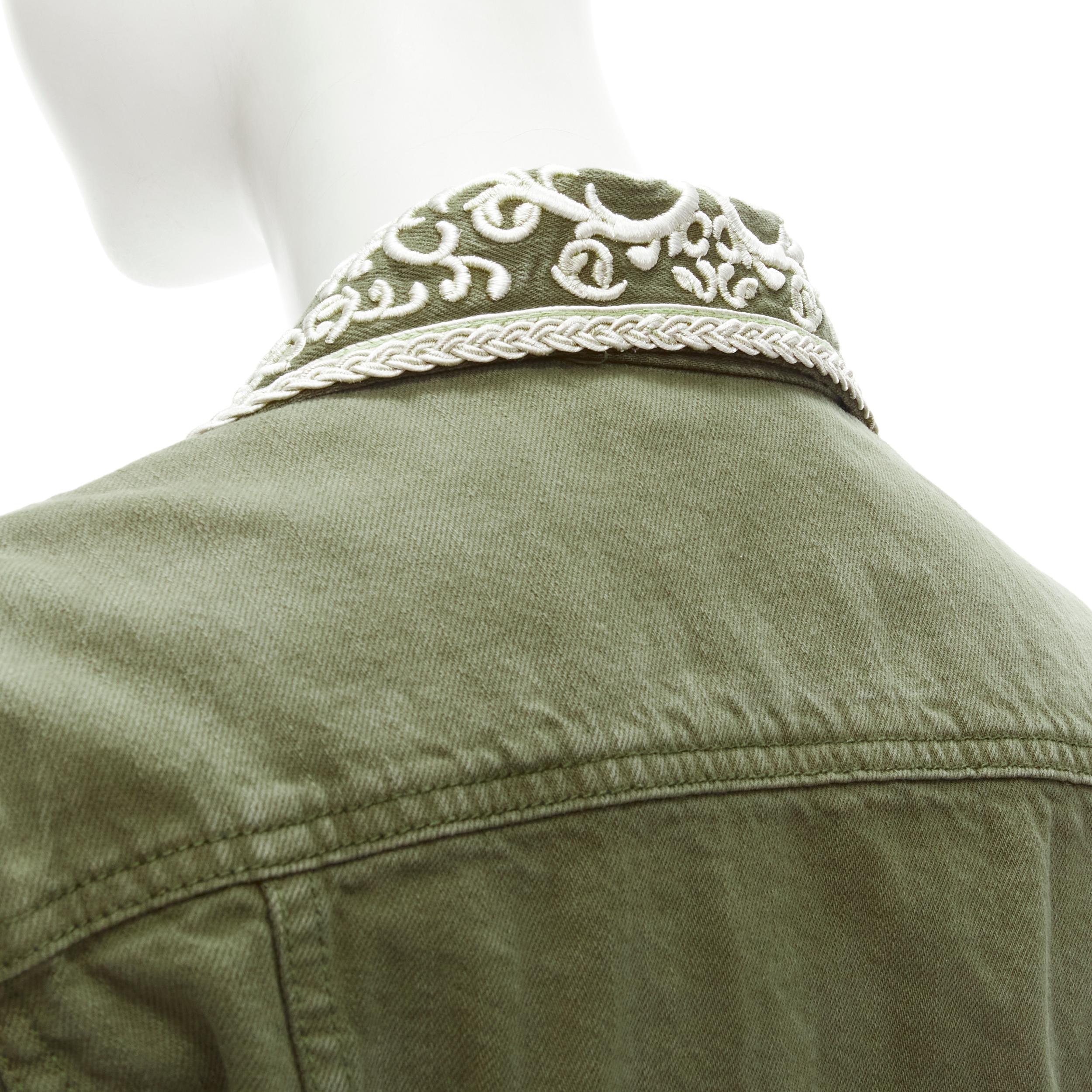 ALICE OLIVIA green denim military crystal embroidery badge cropped jacket S 1