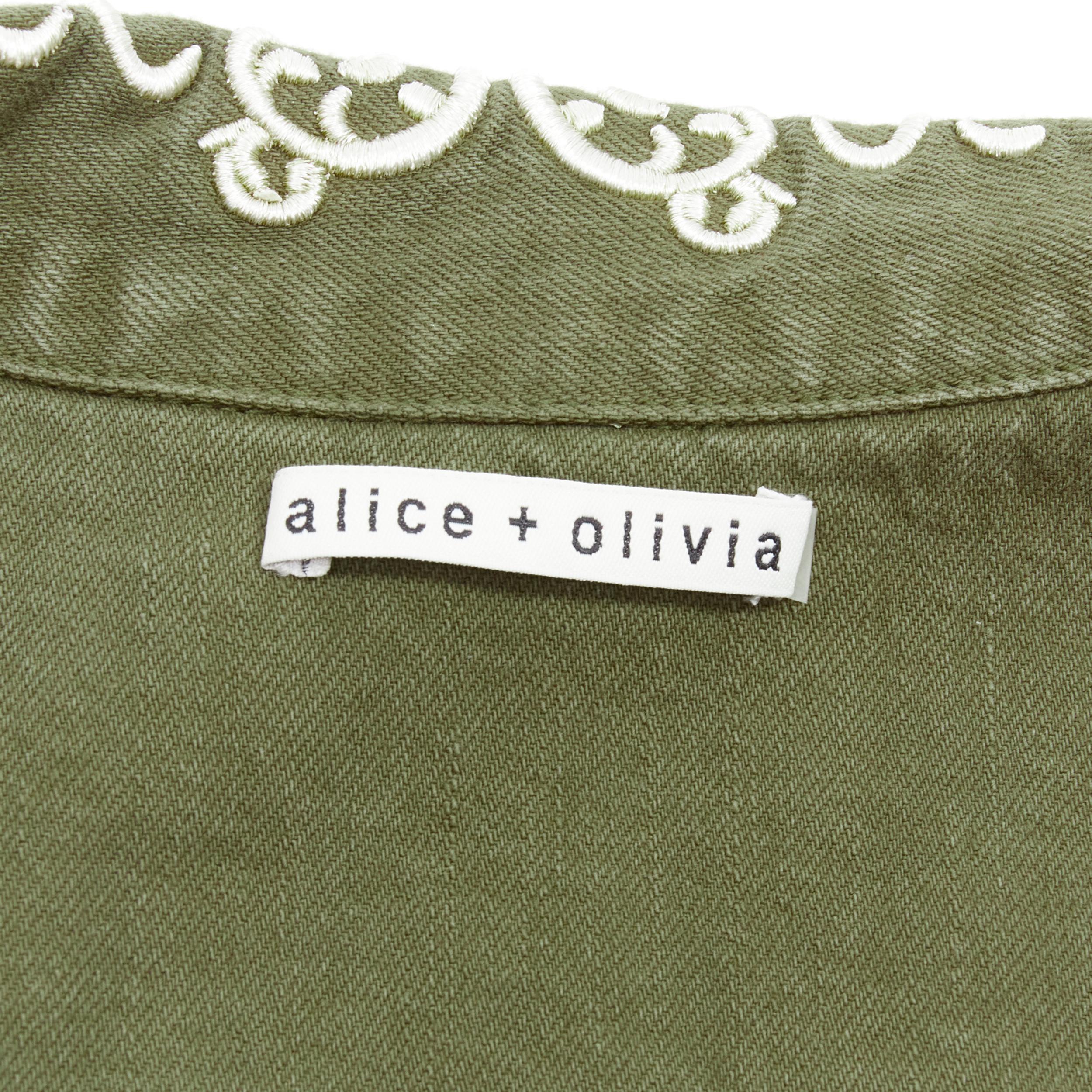 ALICE OLIVIA green denim military crystal embroidery badge cropped jacket S 2