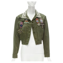 ALICE OLIVIA green denim military crystal embroidery badge cropped jacket S