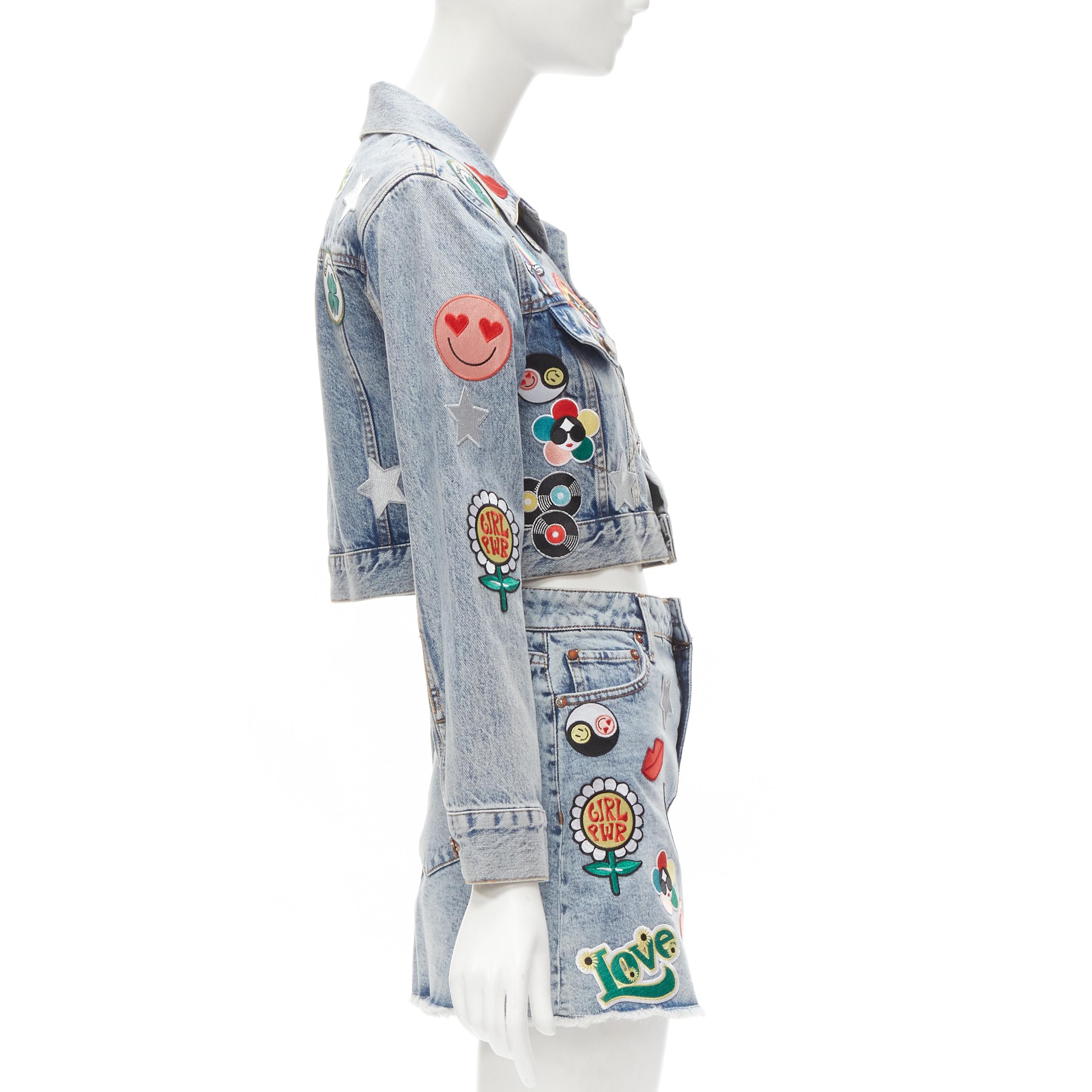 ALICE OLIVIA JEANS Chloe blue denim badge cropped jacket mini skirt set XS In Excellent Condition In Hong Kong, NT