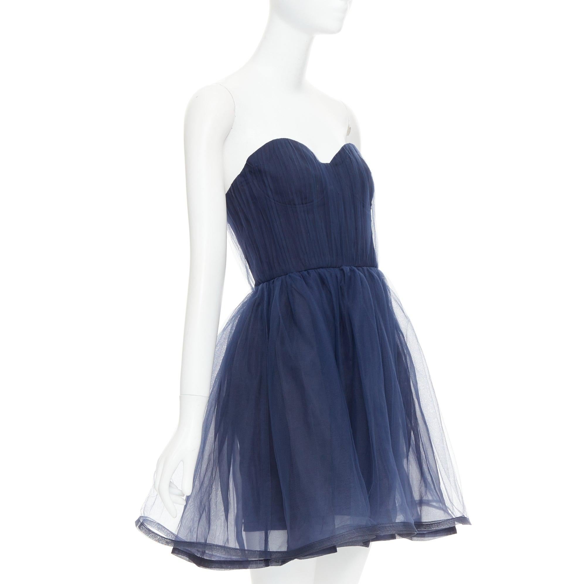Purple ALICE OLIVIA Landi Gathered navy tulle sheer overlay silk trimmed babydoll dress For Sale