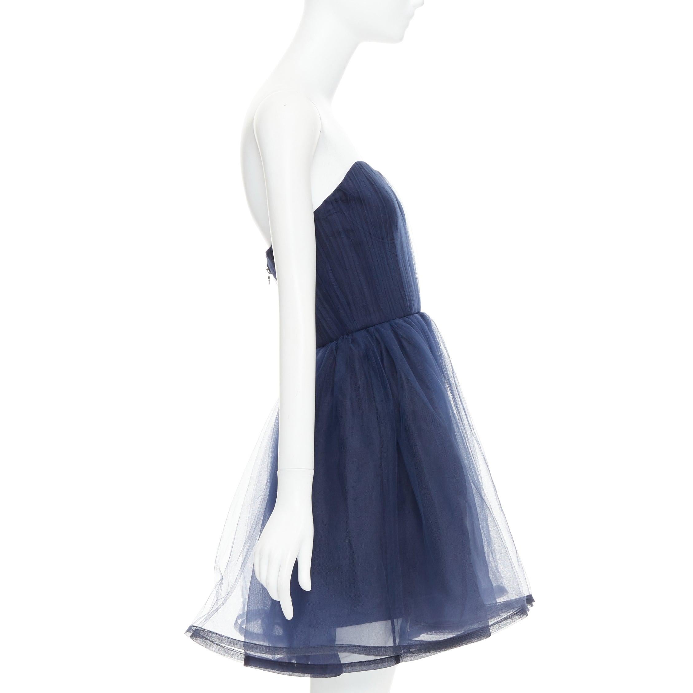 ALICE OLIVIA Landi Gathered navy tulle sheer overlay silk trimmed babydoll dress In Excellent Condition For Sale In Hong Kong, NT