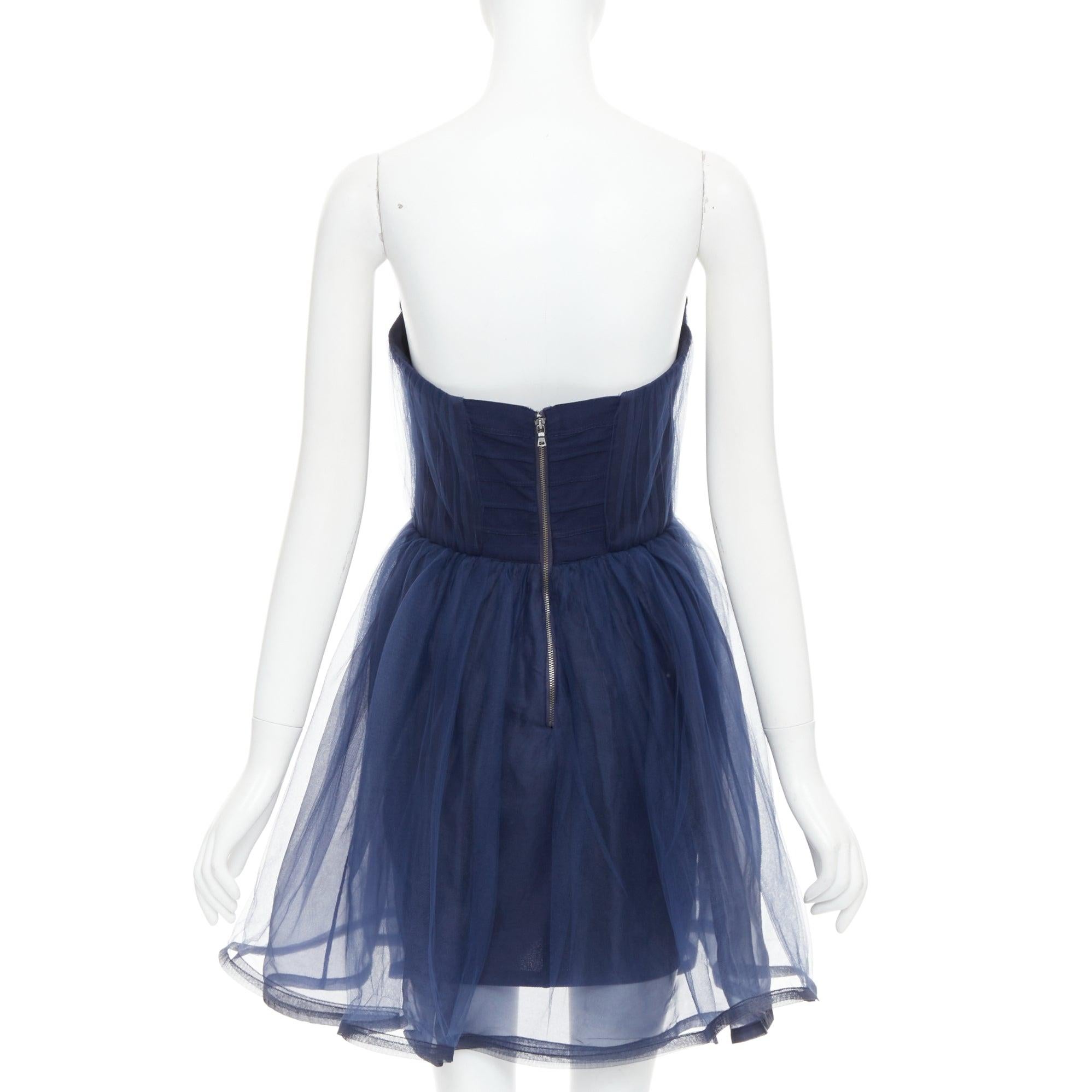 Women's ALICE OLIVIA Landi Gathered navy tulle sheer overlay silk trimmed babydoll dress For Sale