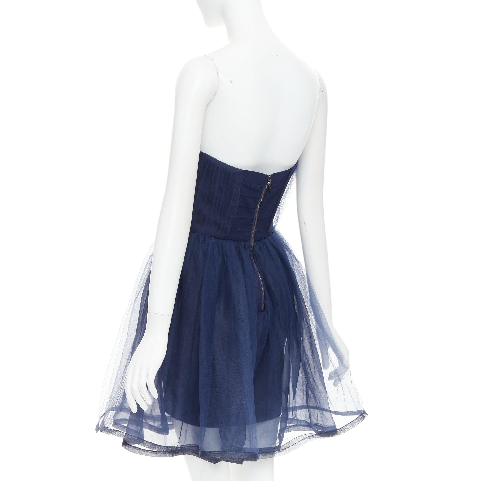ALICE OLIVIA Landi Gathered navy tulle sheer overlay silk trimmed babydoll dress For Sale 1