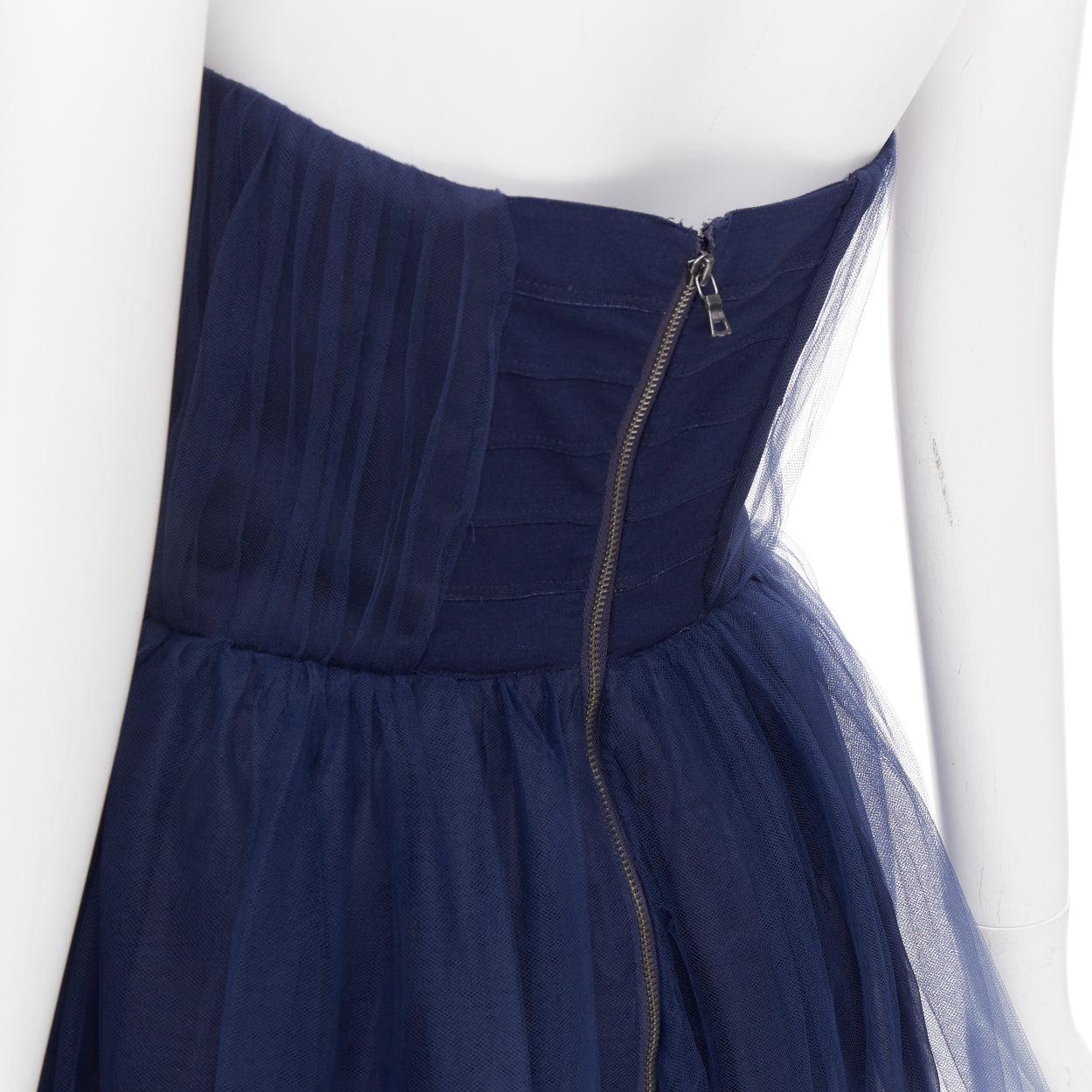 ALICE OLIVIA Landi Gathered navy tulle sheer overlay silk trimmed babydoll dress For Sale 2