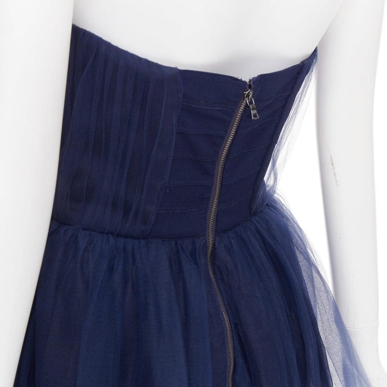 ALICE OLIVIA Landi Gathered navy tulle sheer overlay silk trimmed babydoll  dress For Sale at 1stDibs