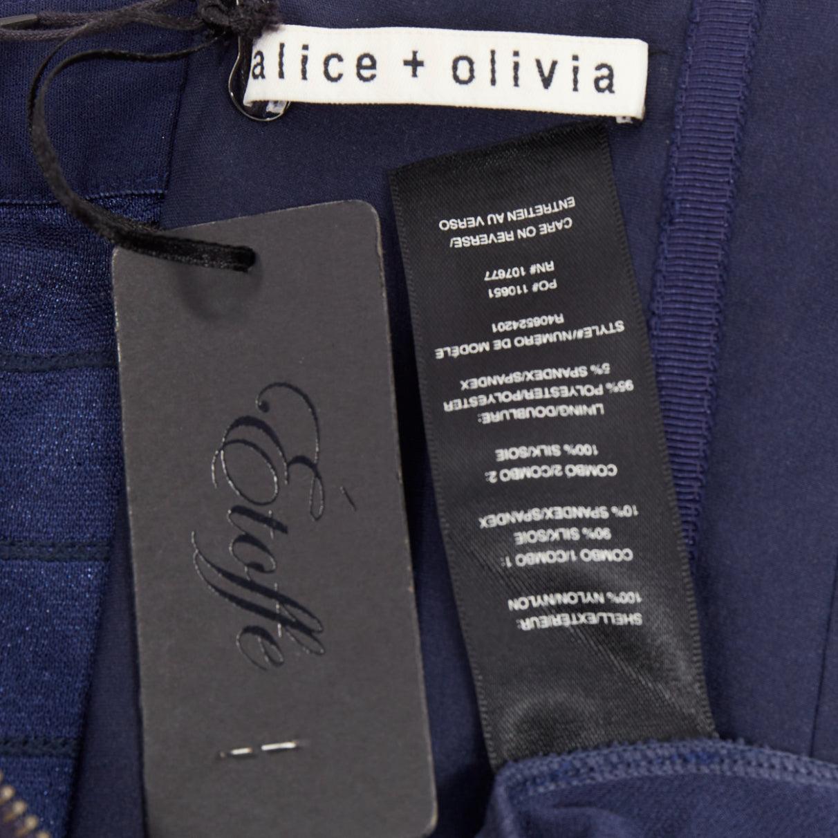 ALICE OLIVIA Landi Gathered navy tulle sheer overlay silk trimmed babydoll dress For Sale 3