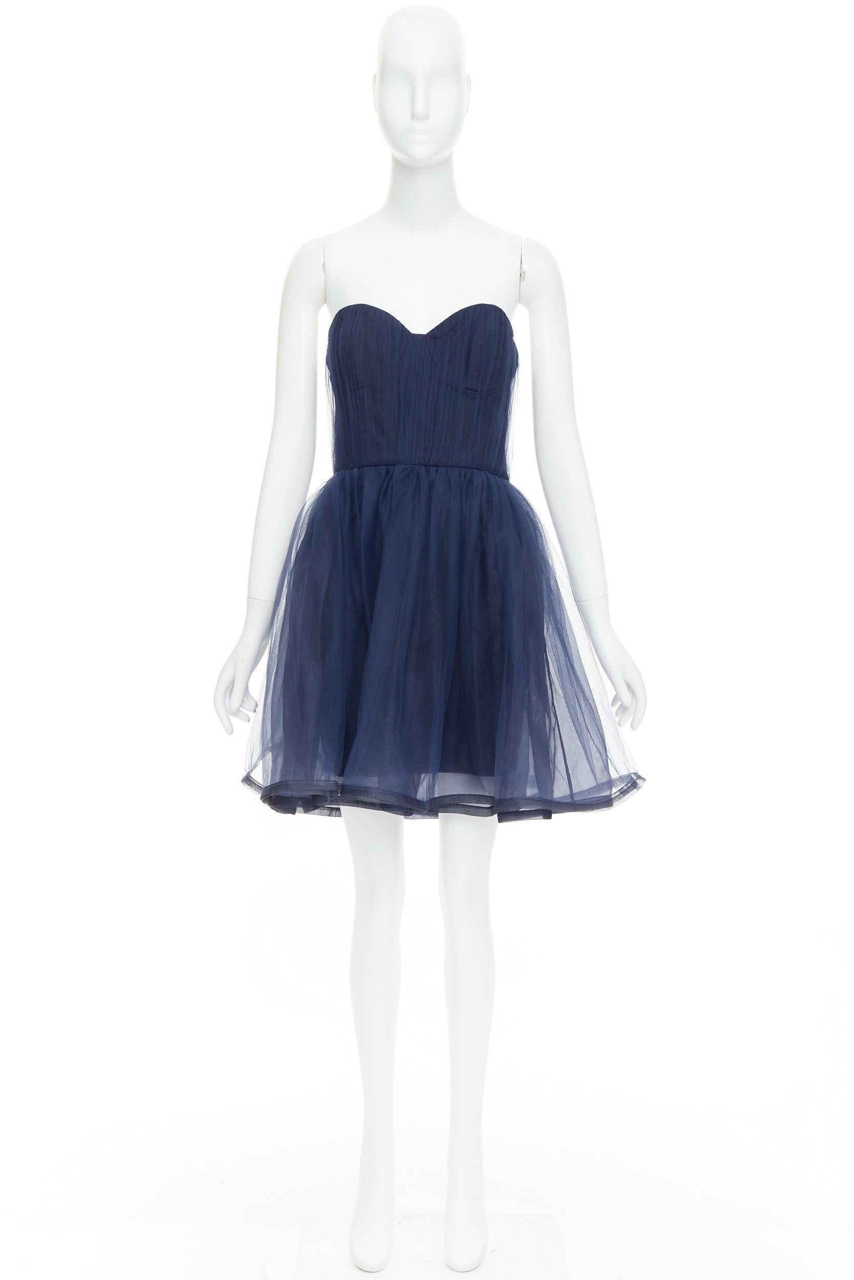 ALICE OLIVIA Landi Gathered navy tulle sheer overlay silk trimmed babydoll dress For Sale 4