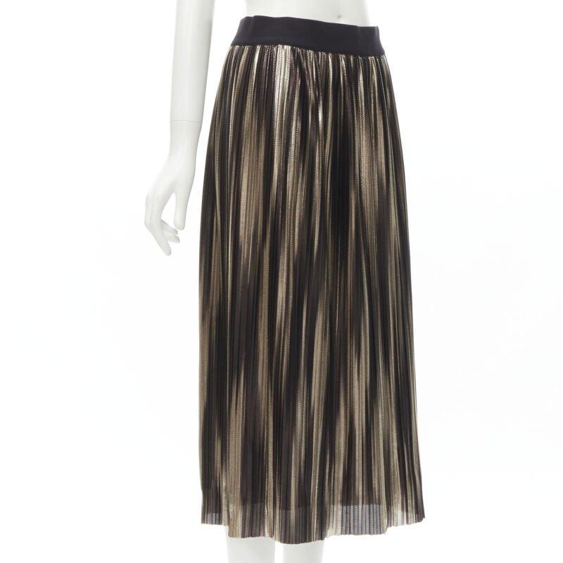 Black ALICE OLIVIA metallic gold pleated plisse midi skirt US8 M For Sale