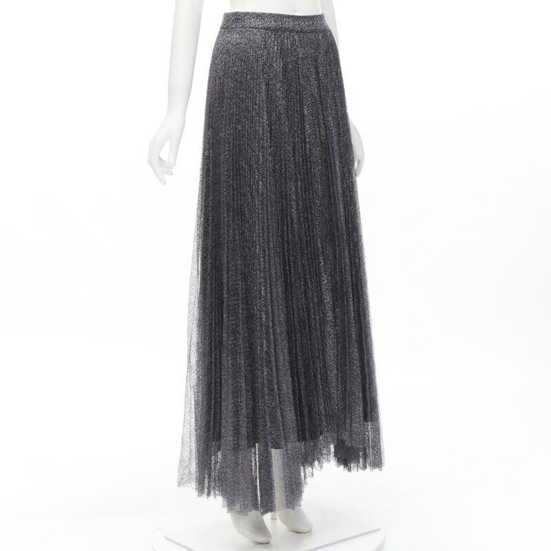 Black ALICE OLIVIA metallic silver thread black pleated asymmetric hem skirt US2 For Sale
