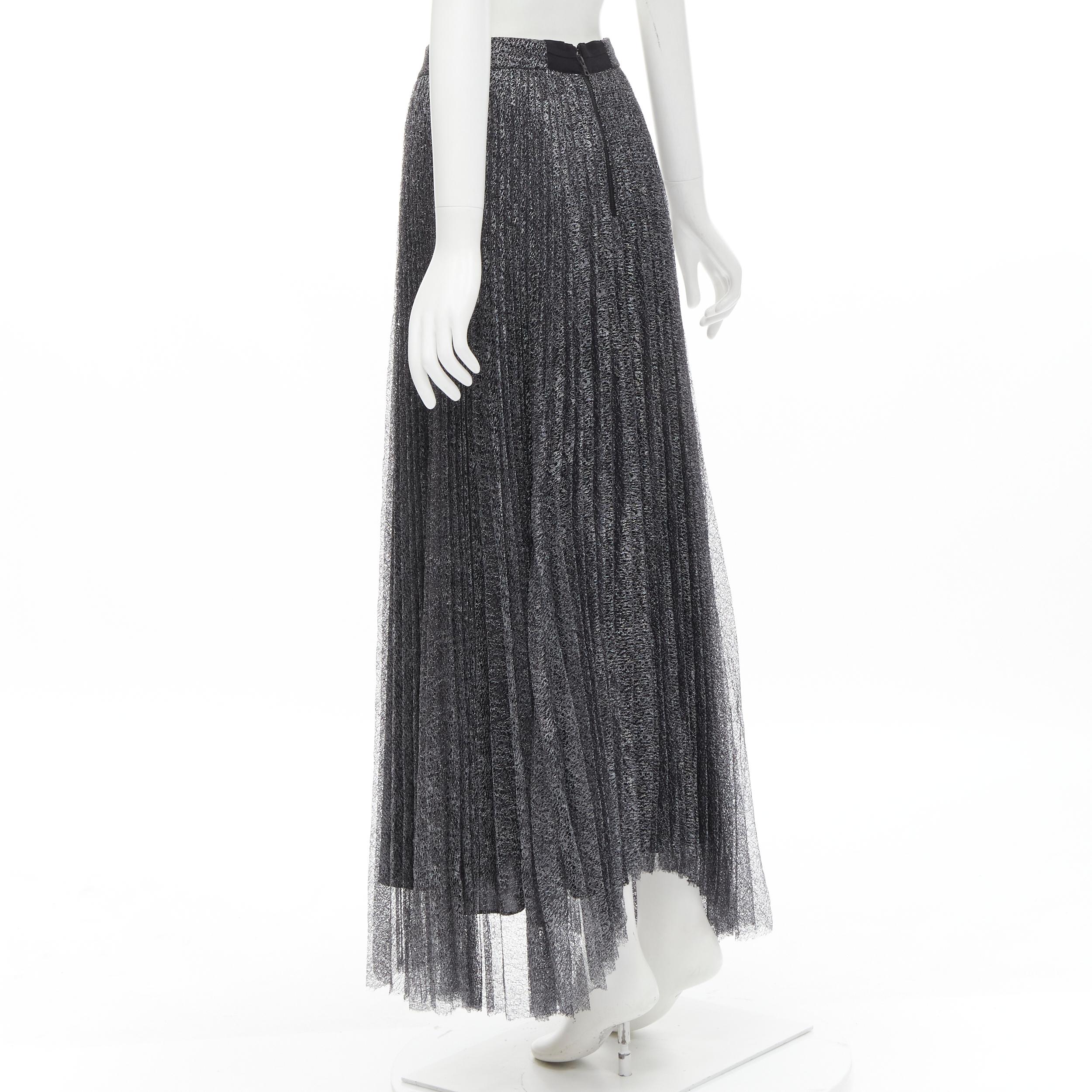 Black ALICE OLIVIA metallic silver thread black pleated asymmetric hem skirt US2 For Sale
