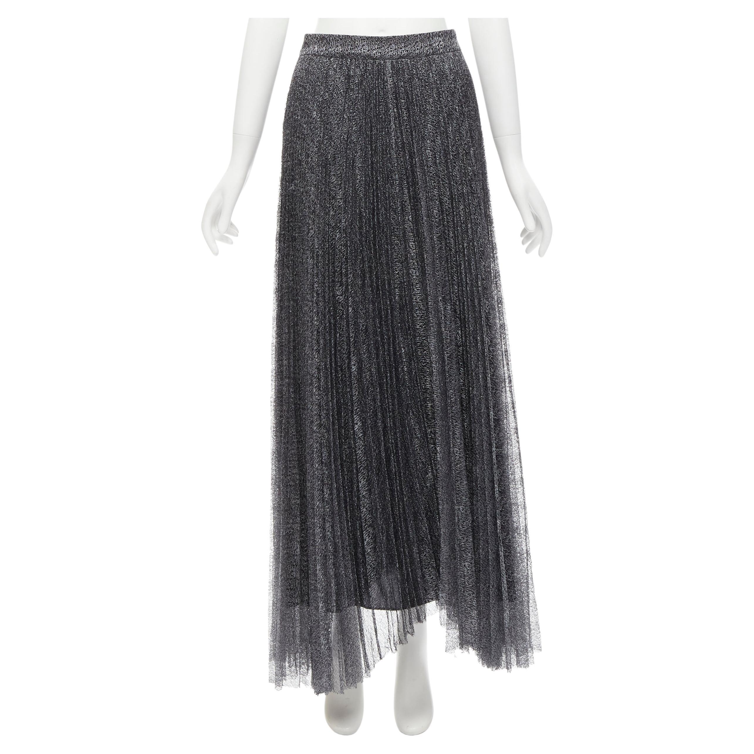 ALICE OLIVIA metallic silver thread black pleated asymmetric hem skirt US2 For Sale