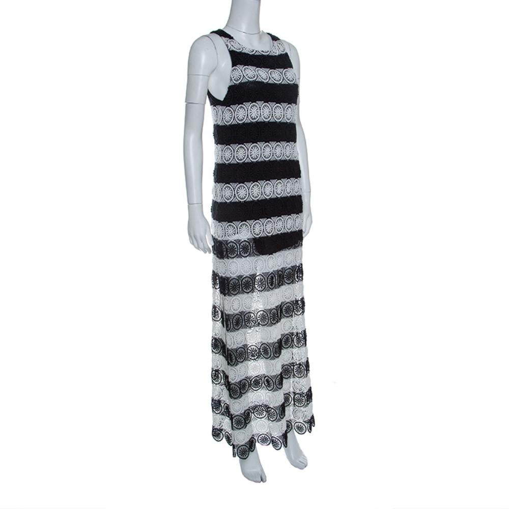 Gray Alice + Olivia Monochrome Striped Crochet Lace Sleeveless Lucia Maxi Dress M