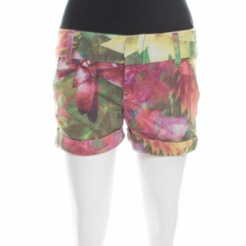 Alice + Olivia Multicolor Flower Printed Cotton Stretch Cuffed Hem Shorts XS