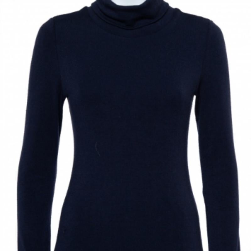 Black Alice + Olivia Navy Blue Knit Turtle Neck Long Sleeve Slit Detail Maxi Dress M For Sale