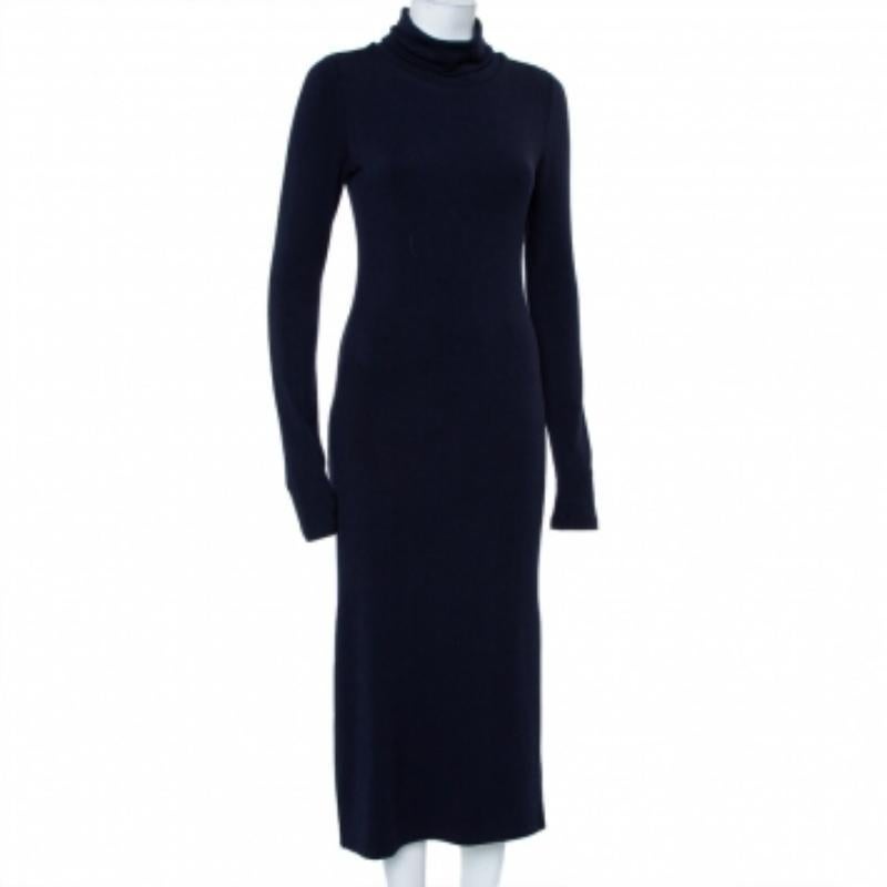 Alice + Olivia Navy Blue Knit Turtle Neck Long Sleeve Slit Detail Maxi Dress M In Good Condition For Sale In Dubai, Al Qouz 2