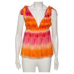 Alice + Olivia Orange & Pink Silk Plunge Neck Tie-Up Detail Top S