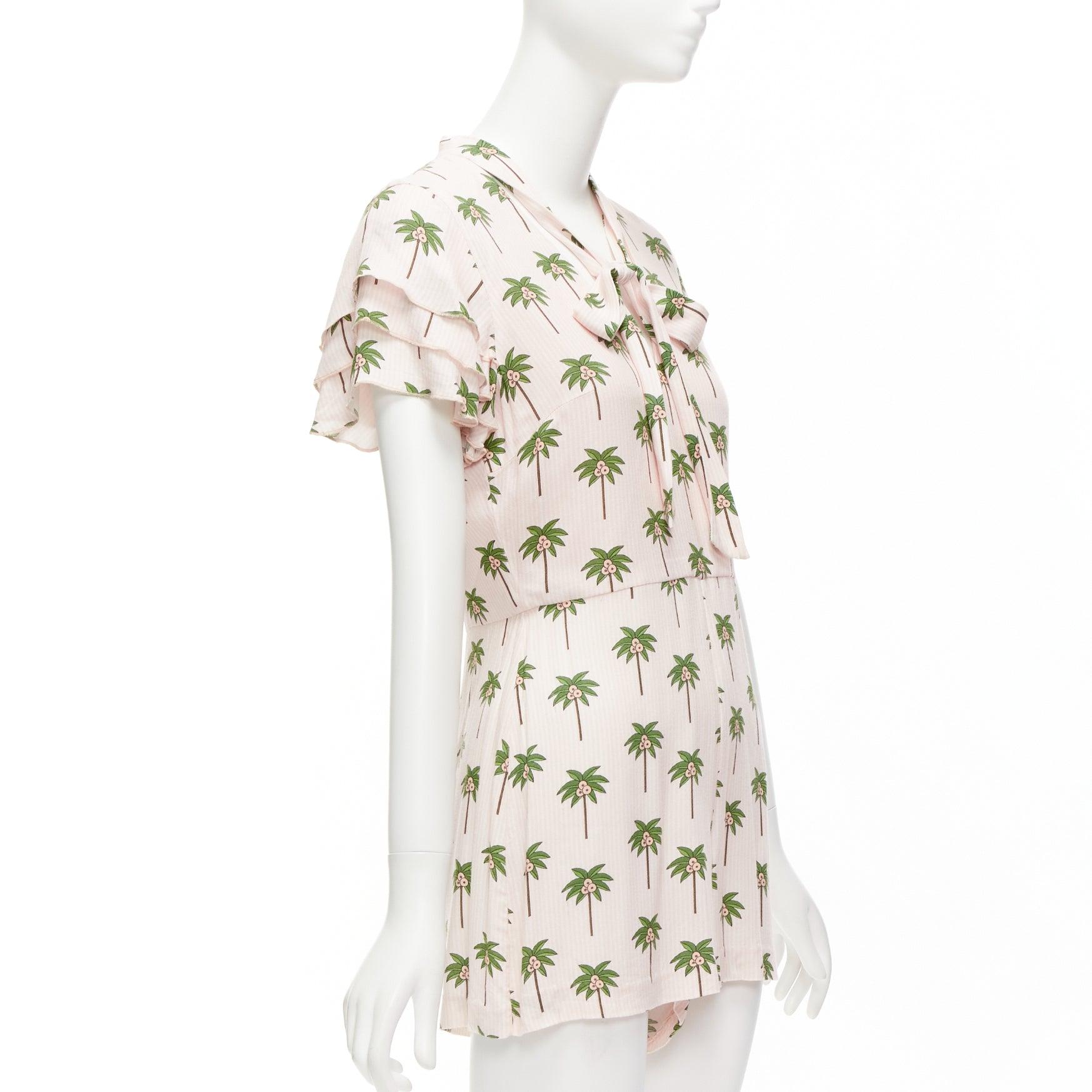 ALICE OLIVIA pink green coconut palm tree frill sleeves bow tie romper US8 L In Good Condition For Sale In Hong Kong, NT