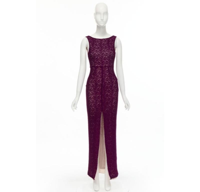 ALICE OLIVIA purple lace nude lining front slit formal dress US0 4