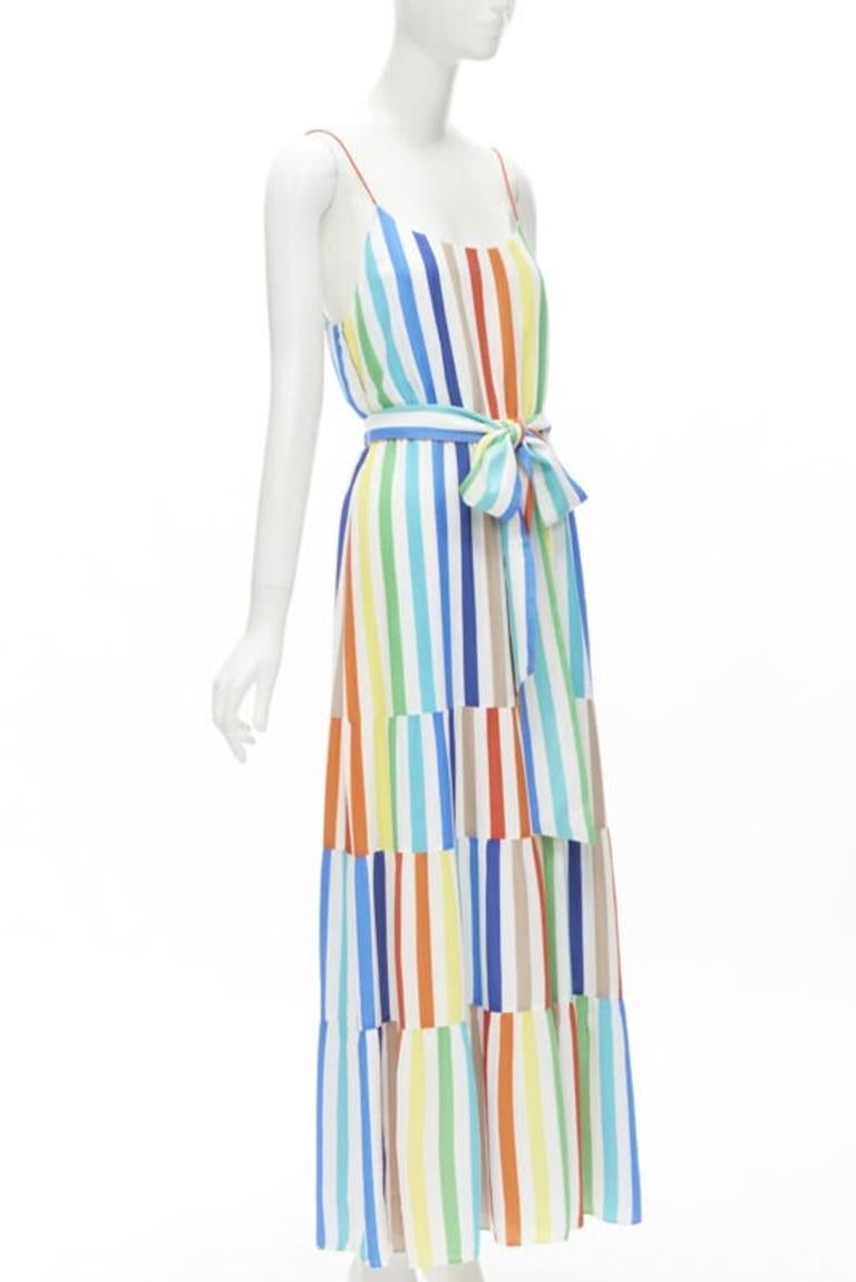 Gray ALICE OLIVIA rainbow striped belted midi dress US4 For Sale