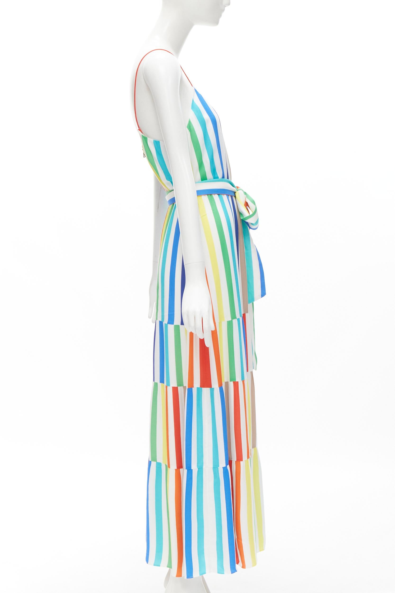 Gray ALICE OLIVIA rainbow striped belted midi dress US4 For Sale