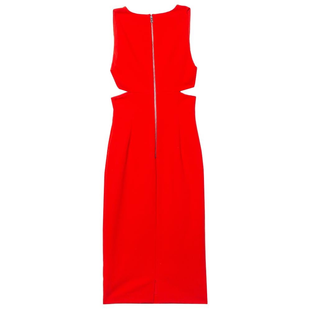 Show your love for contemporary fashion by donning this extravagant midi dress from Alice + Olivia. The red crepe creation features a flattering silhouette that is enhanced by a plunging V-neckline and side cut-out details. It will surely lend you
