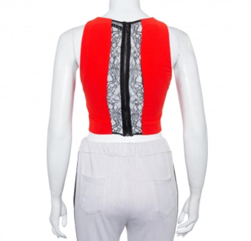Gray Alice + Olivia Red Crepe Lace Trim Detail Sleeveless Poppy Crop Top XS For Sale