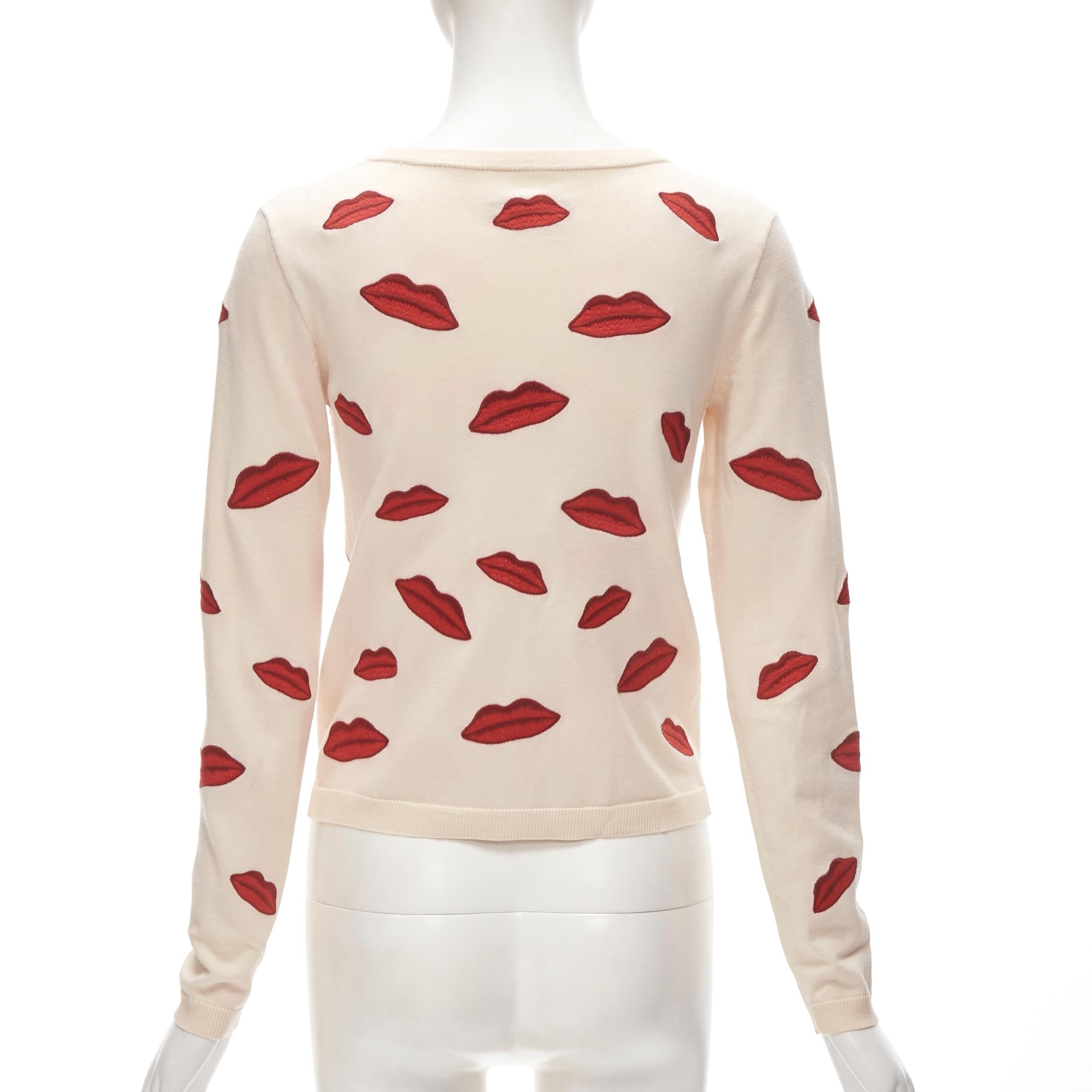 ALICE OLIVIA Signature red lip embroidered badge applique cardigan S In Excellent Condition In Hong Kong, NT