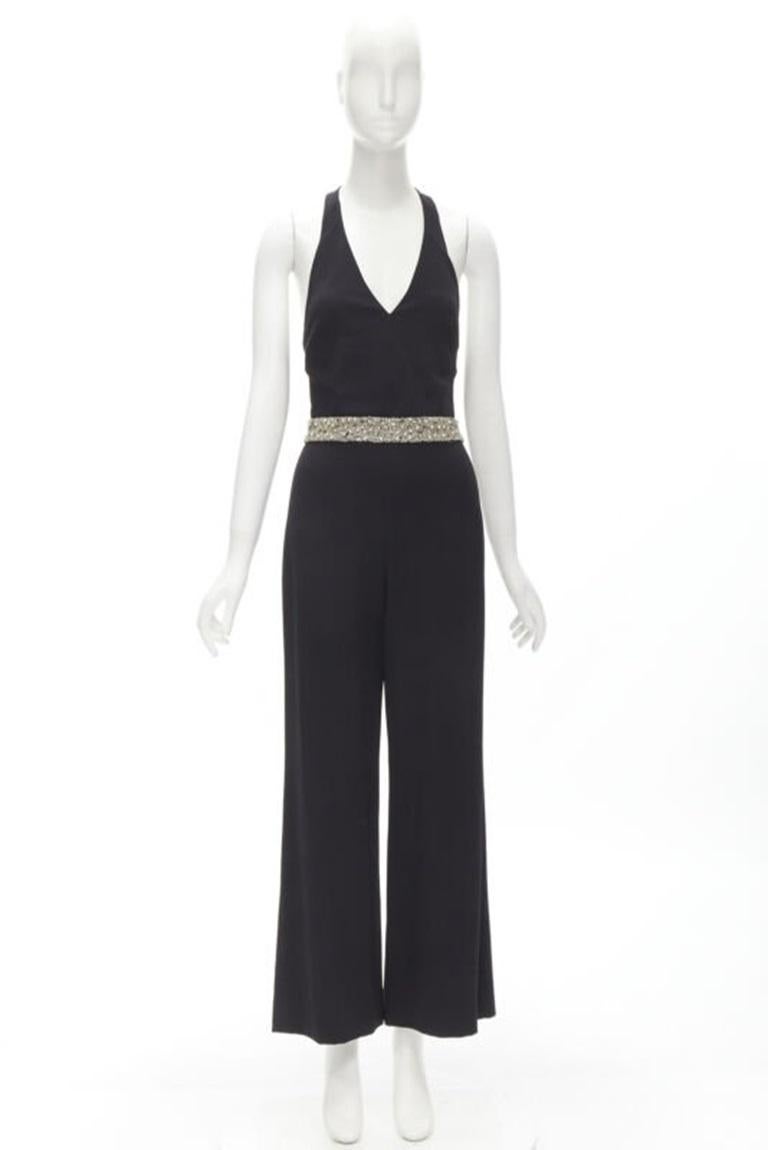 ALICE OLIVIA silver crystal bead embellished halter backless jumpsuit S For Sale 5
