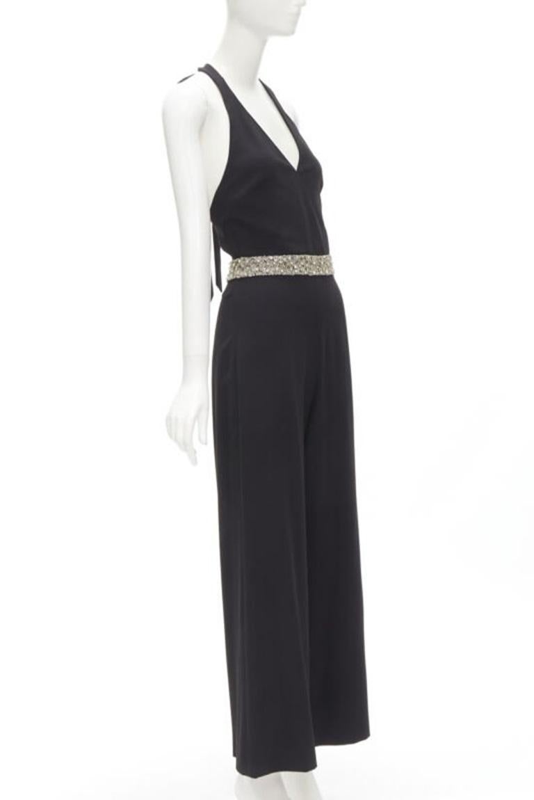 Black ALICE OLIVIA silver crystal bead embellished halter backless jumpsuit S For Sale