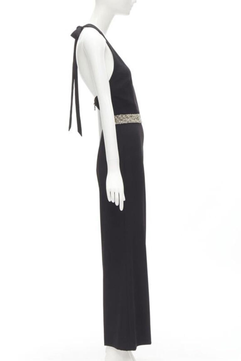 ALICE OLIVIA silver crystal bead embellished halter backless jumpsuit S In Excellent Condition For Sale In Hong Kong, NT