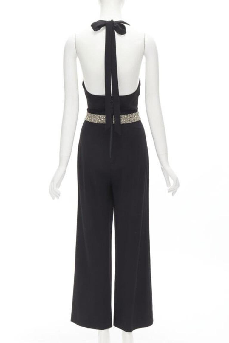 Women's ALICE OLIVIA silver crystal bead embellished halter backless jumpsuit S For Sale