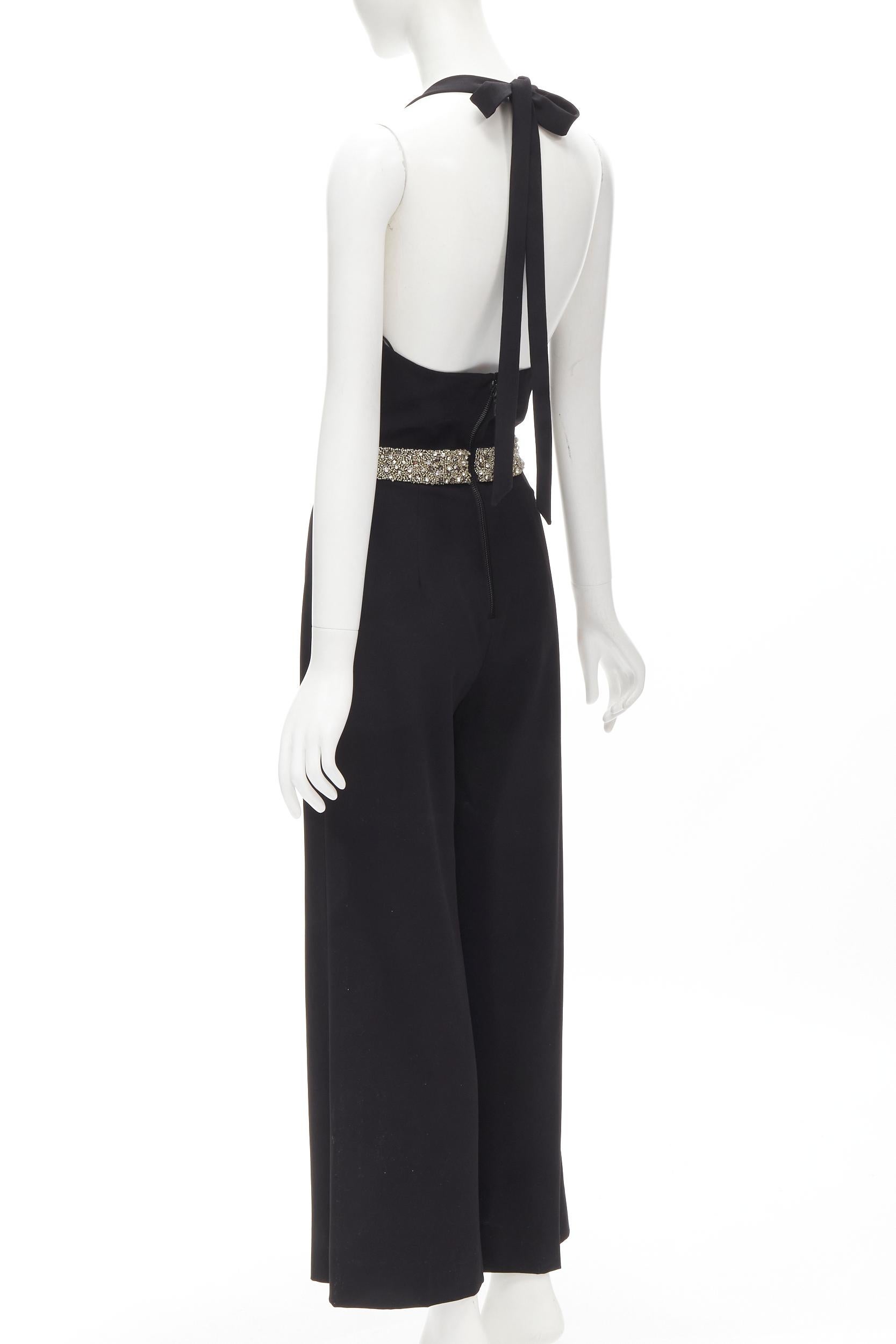 ALICE OLIVIA silver crystal bead embellished halter backless jumpsuit S In Excellent Condition For Sale In Hong Kong, NT