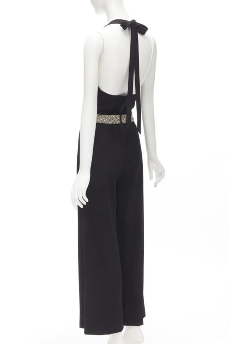 ALICE OLIVIA silver crystal bead embellished halter backless jumpsuit S For Sale 1