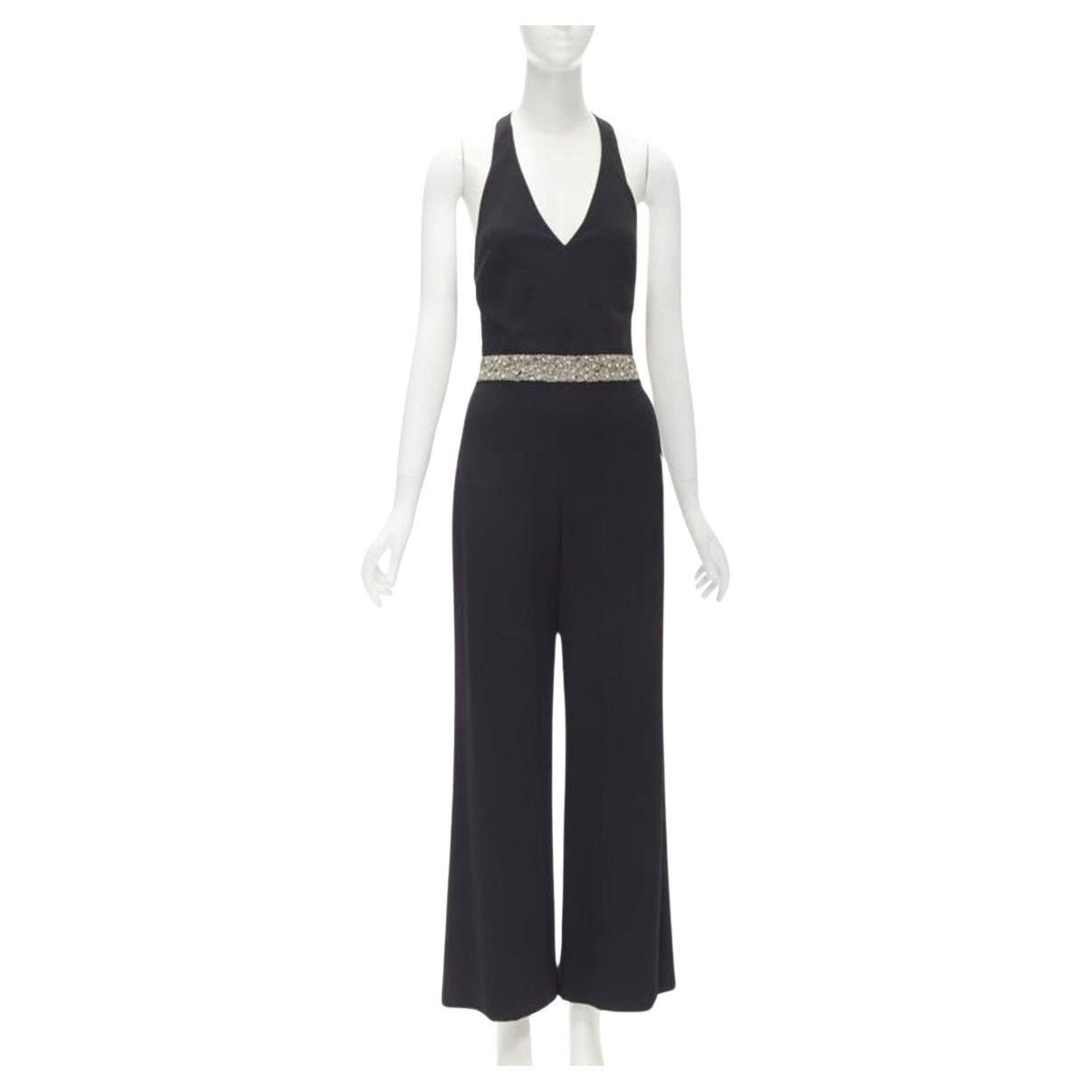 ALICE OLIVIA silver crystal bead embellished halter backless jumpsuit S For Sale