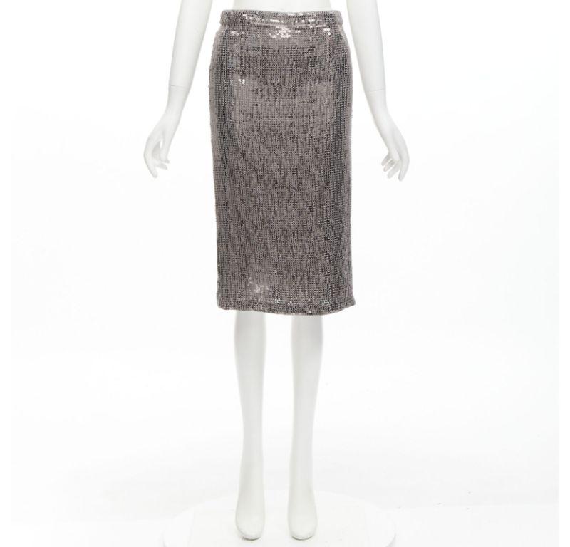 ALICE OLIVIA silver metallic sequins back slit knee length pencil skirt US0 XS For Sale 5