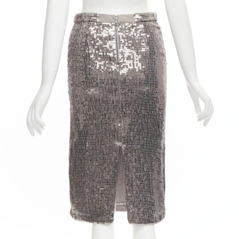 Women's ALICE OLIVIA silver metallic sequins back slit knee length pencil skirt US0 XS For Sale
