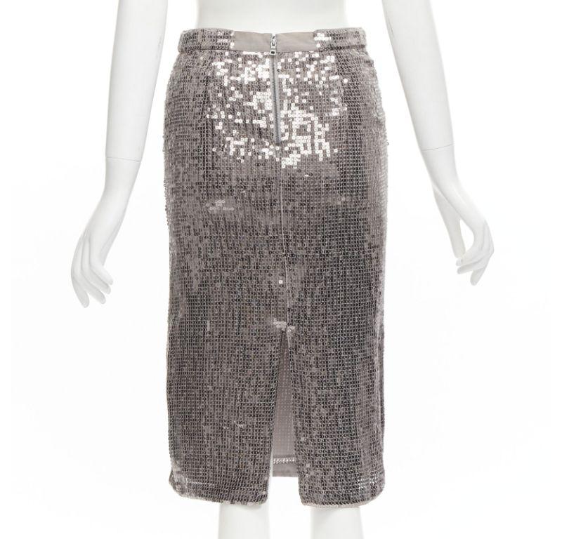 Women's ALICE OLIVIA silver metallic sequins back slit knee length pencil skirt US0 XS For Sale