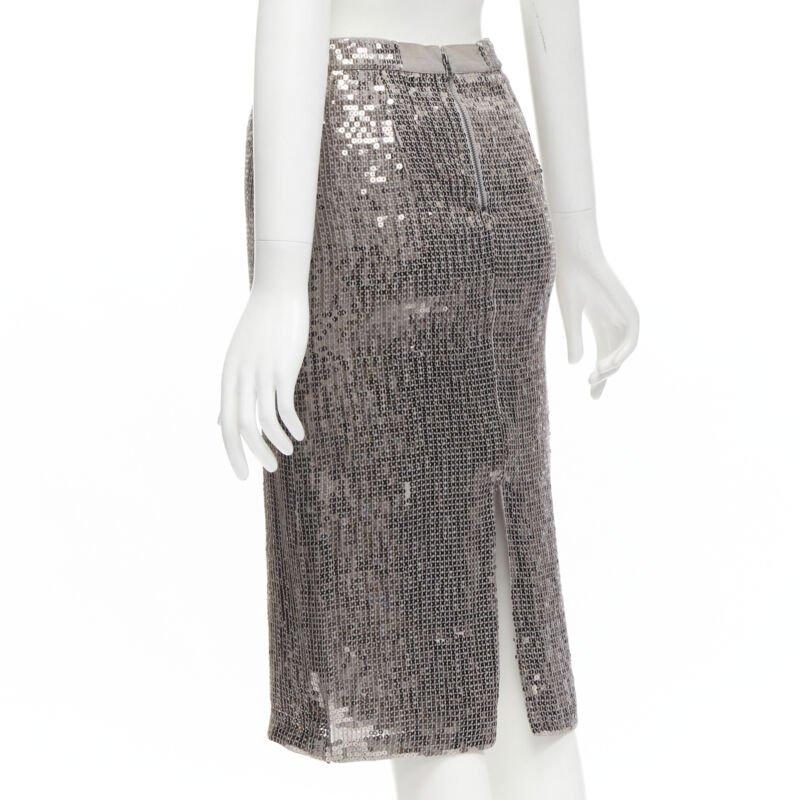 ALICE OLIVIA silver metallic sequins back slit knee length pencil skirt US0 XS For Sale 1