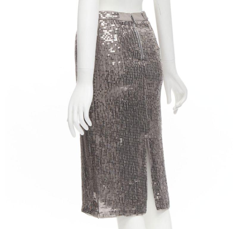 ALICE OLIVIA silver metallic sequins back slit knee length pencil skirt US0 XS For Sale 1