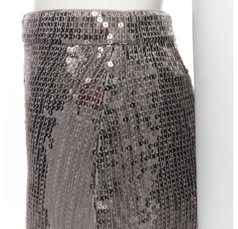 ALICE OLIVIA silver metallic sequins back slit knee length pencil skirt US0 XS For Sale 2