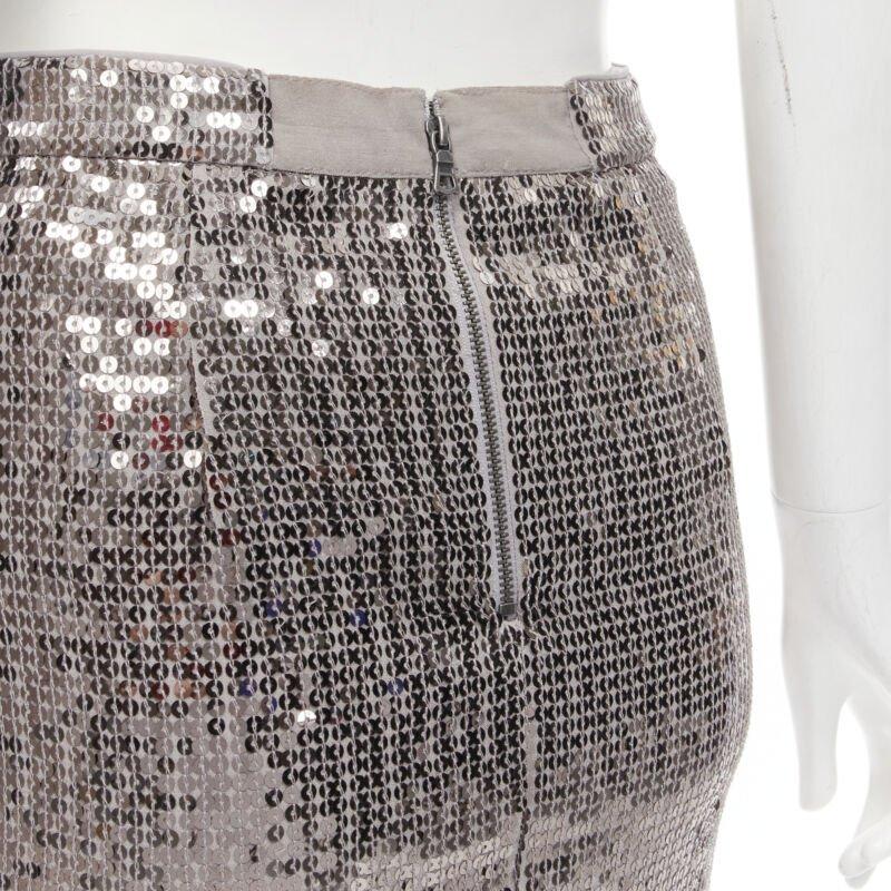 ALICE OLIVIA silver metallic sequins back slit knee length pencil skirt US0 XS For Sale 3