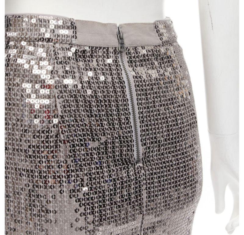 ALICE OLIVIA silver metallic sequins back slit knee length pencil skirt US0 XS For Sale 3