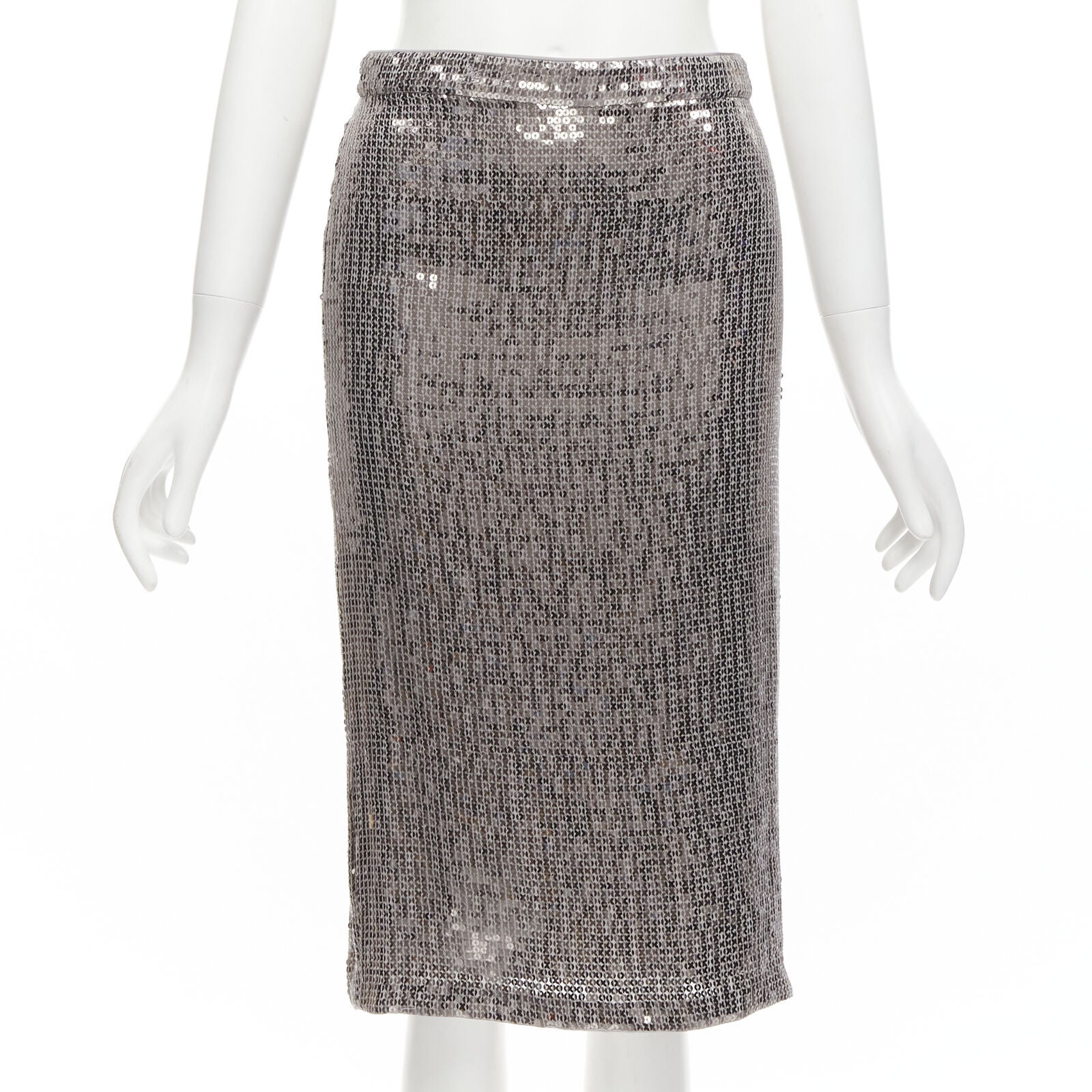 ALICE OLIVIA silver metallic sequins back slit knee length pencil skirt US0 XS For Sale