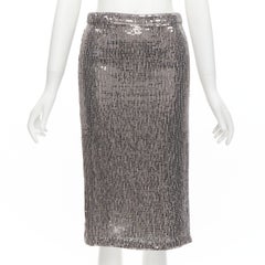 ALICE OLIVIA silver metallic sequins back slit knee length pencil skirt US0 XS