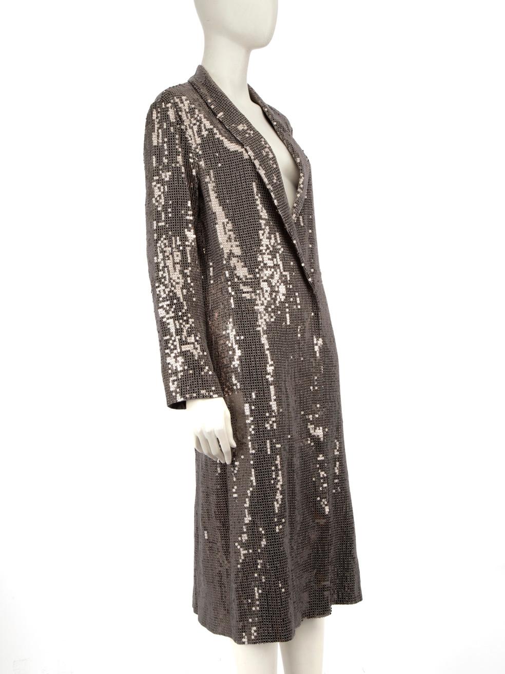 CONDITION is Very good. Minimal wear to the blazer is evident, there is a mark on the lining in the middle of this used Alice + Olivia designer resale item.
  
  
  
  Details
  
  
  Silver
  
  Viscose
  
  Blazer
  
  Sequinned
  
  Long length
 