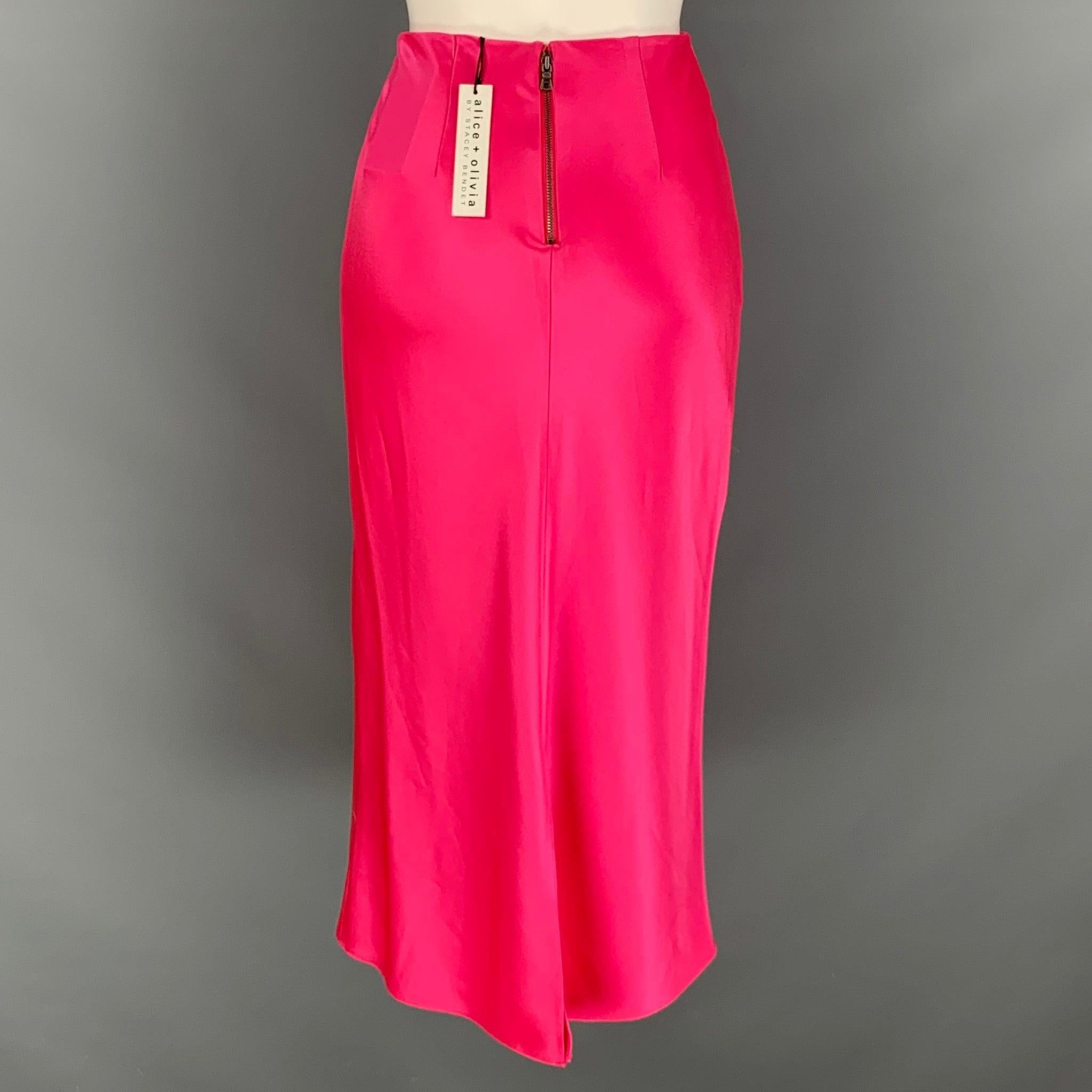 ALICE + OLIVIA skirt comes in a pink triacetate blend material featuring sateen look, mid calf length, and zip up closure at center back.
New with Tags. 

Marked:   no size market. 

Measurements: 
  Waist: 26 inHip: 34 inches Length: 33 inches 
 
